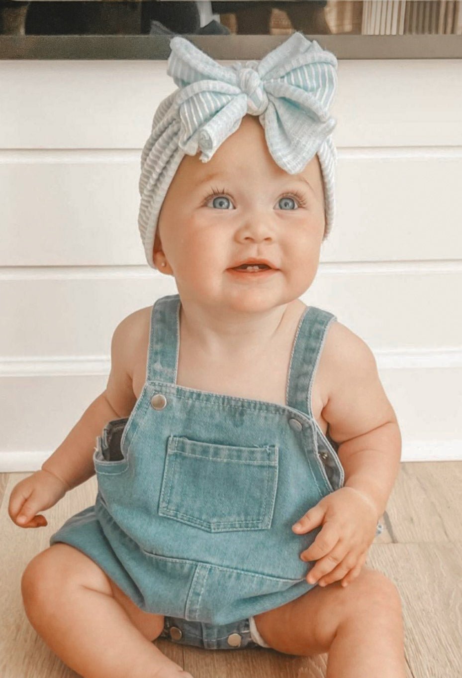 Marilee | Baby Blue & White Stripe | Buttery Seersucker Headwrap - Bunny Knots