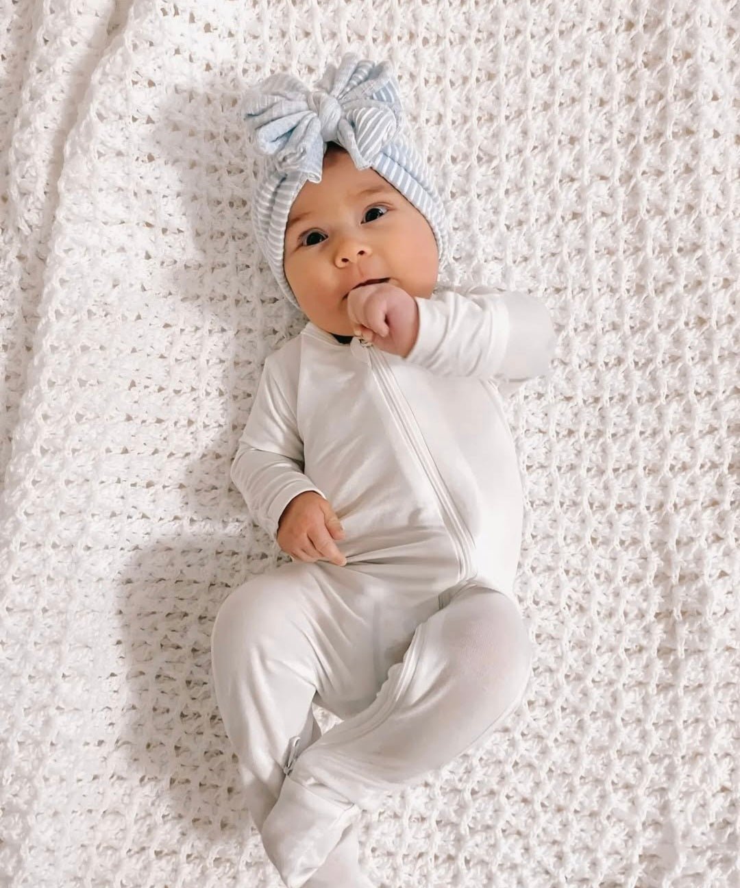 Marilee | Baby Blue & White Stripe | Buttery Seersucker Headwrap - Bunny Knots