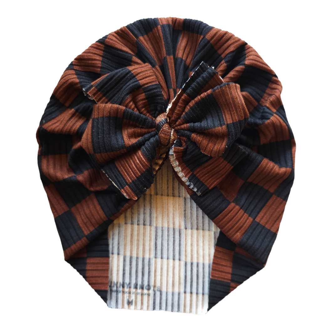 Umber | Brown & Black Checkerboard | Brushed Rib Headwrap