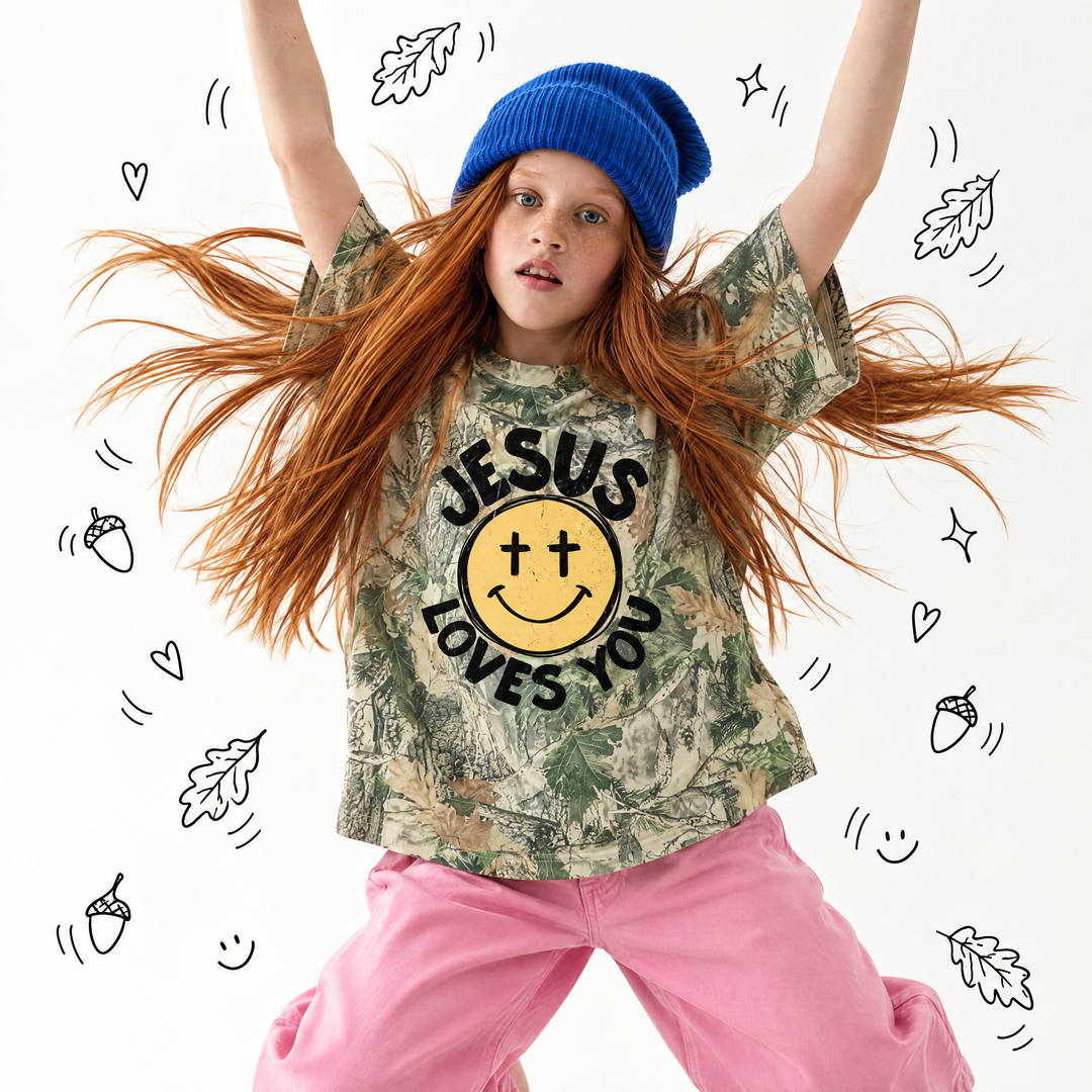 Smile, Jesus Loves You Luxe Drop Sleeve T-Shirt