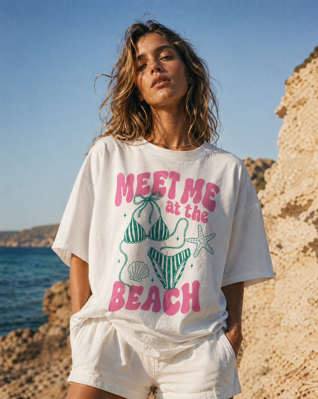 Meet Me At The Beach Luxe Oversized Drop Sleeve T-Shirt