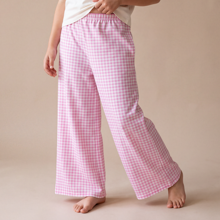 Girls Pink Gingham Wide Leg Pants