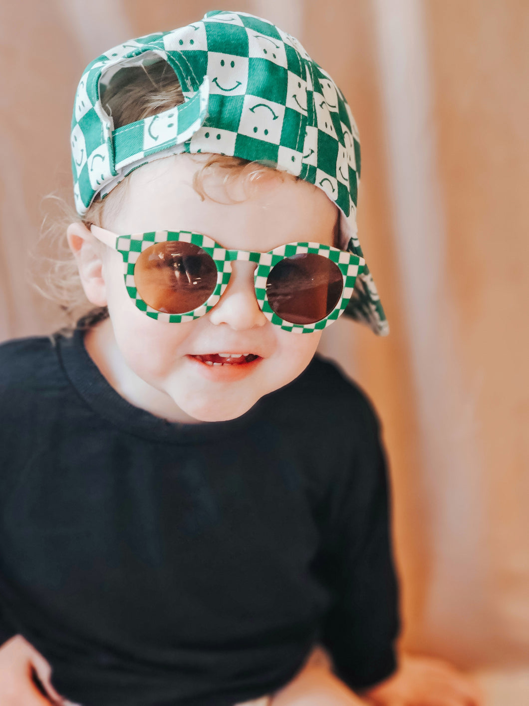 Toddler & Kids Retro Sunglasses | Green & Blush Checkerboard